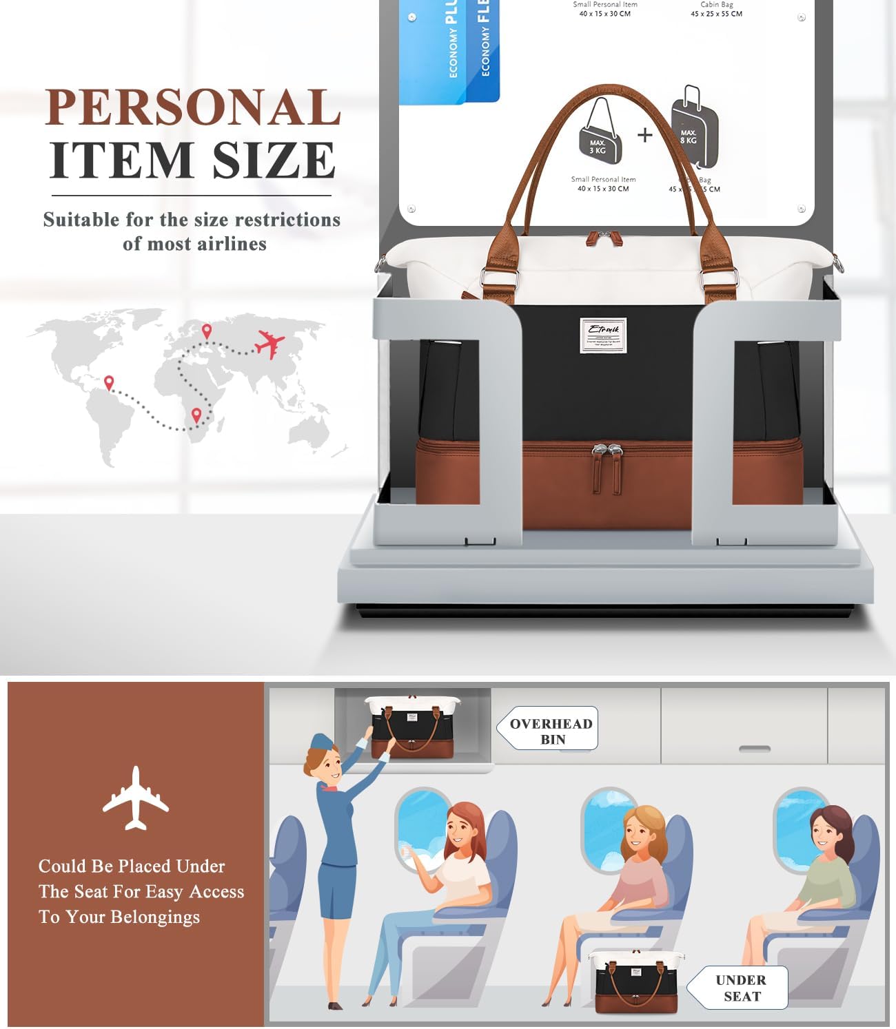 ETRONIK Weekender Bags for Women, Personal Item Travel Bag with Shoe Compartment, Carry On Overnight Bag with Toiletry Bag, Gym Bag with Wet Pocket, Duffel Bag for Travel, Sports, Hospital - Image 5