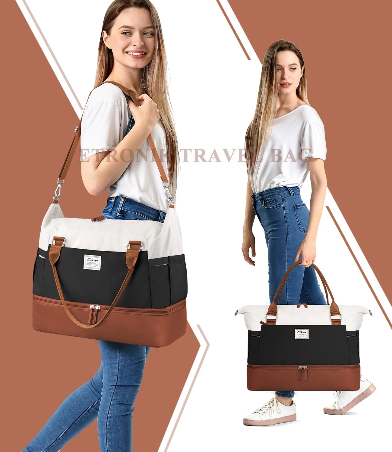 ETRONIK Weekender Bags for Women, Personal Item Travel Bag with Shoe Compartment, Carry On Overnight Bag with Toiletry Bag, Gym Bag with Wet Pocket, Duffel Bag for Travel, Sports, Hospital - Image 6